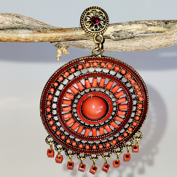 Mandela Earrings, Goldtone with Rust Orange Beading, Post Back - Picture 2 of 4